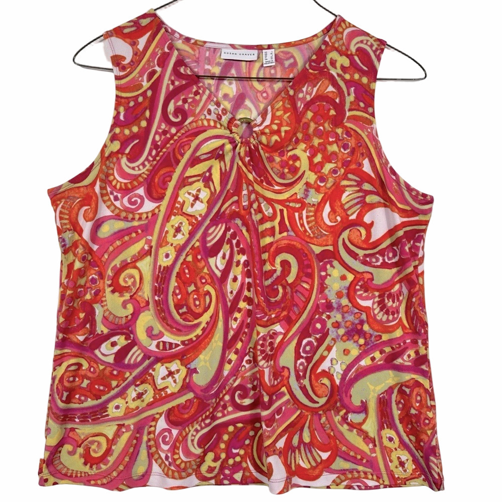 Susan Graver Paisley Pink and Orange Sleeveless Blouse Size Large Liquid Knit
